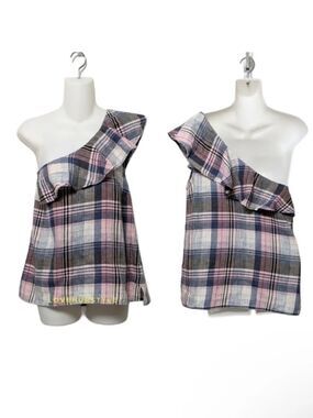 CLOTH & STONE Linen Plaid One Shoulder Ruffle Top